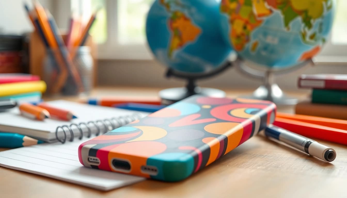 Handytasche Schule auf einem Schreibtisch mit Schulmaterialien sichtbar.