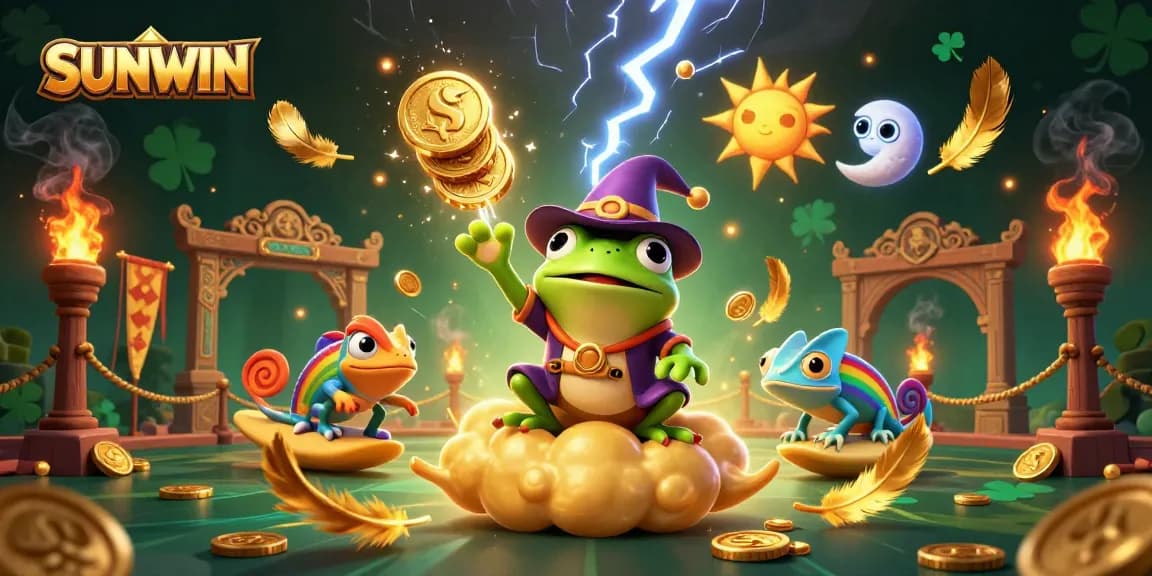 SUNWIN offers adventurous gaming experiences with animated frog and chameleon amidst golden coin storms.