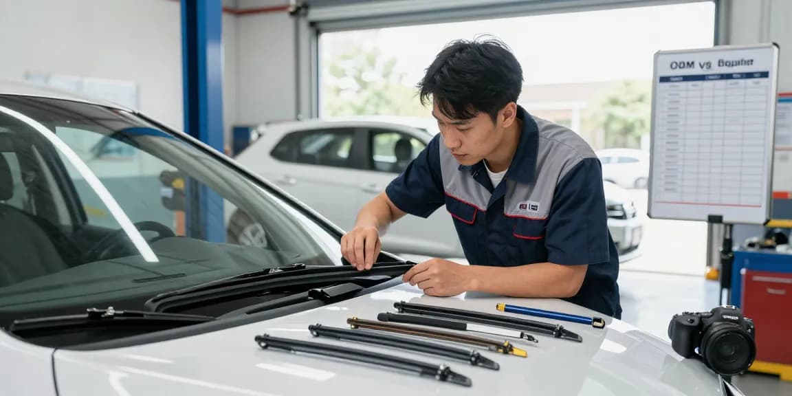 Automotive technician inspecting wiper blade quality in garage.
