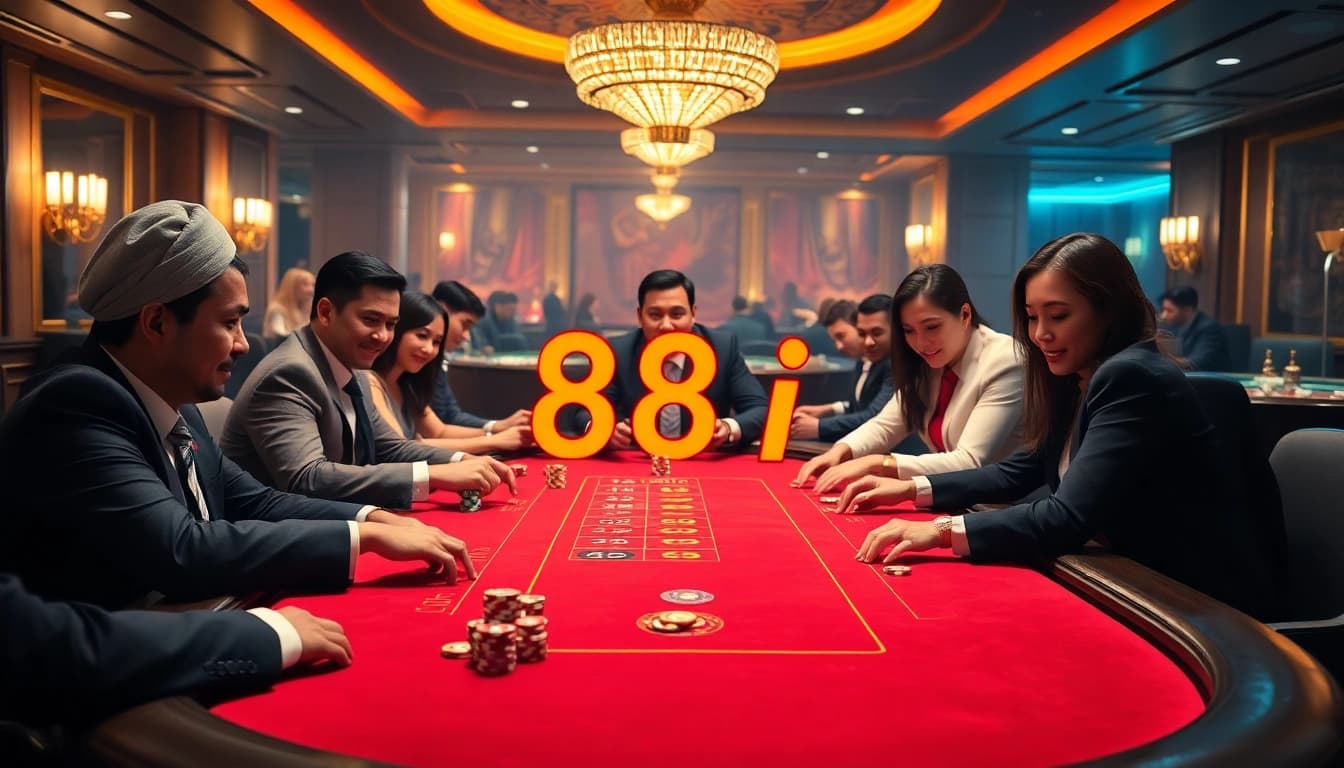 Players enjoying a high-stakes poker game at a casino table showcasing the elegant 88i design.