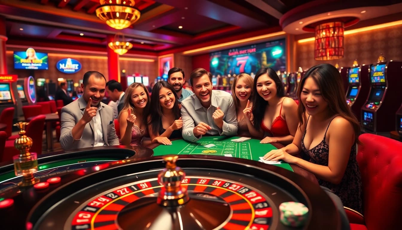 Engaged players enjoying games at https://www.bdjl.win/ casino, showcasing excitement in a luxurious setting.