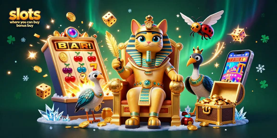 Engage with slots where you can buy bonus buy, featuring gold and vibrant casino elements in a captivating illustration.