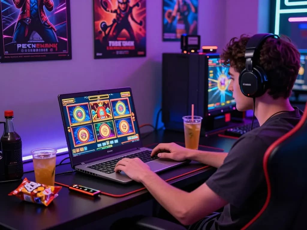 Player engaging with vegasslot77.com online slot game on a vibrant gaming setup.