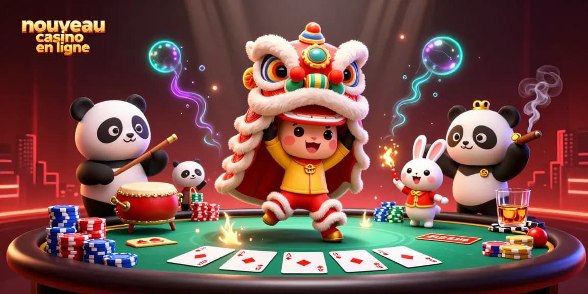 Scène festive présentant un nouveau casino en ligne avec des personnages dansants, des jetons et des cartes de poker.
