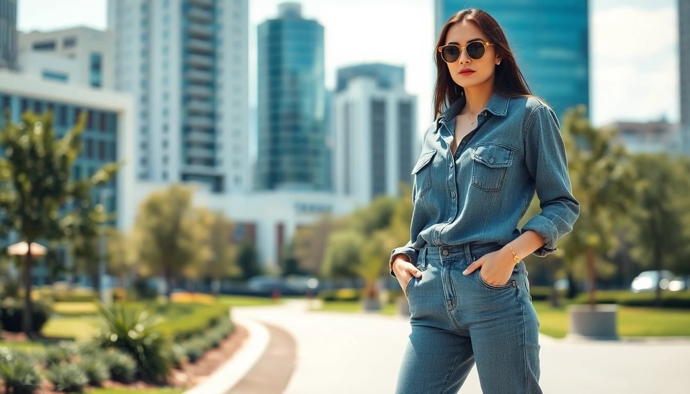 Young woman modeling stylish grey jeans women in an urban setting, showcasing modern casual fashion.