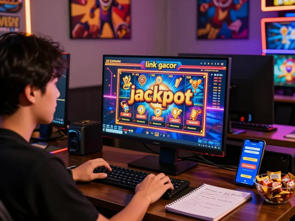 Pemain antusias terlibat dengan permainan slot online link gacor di setup permainan yang hidup dengan grafik berwarna-warni dan pemberitahuan jackpot.
