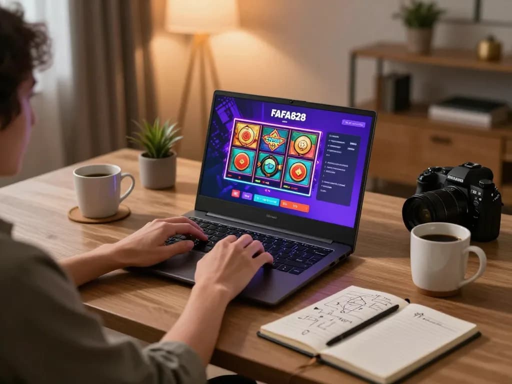 FAFA828 player engaging in online slots gaming on a modern laptop at home with strategy notes nearby