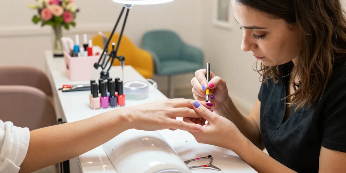 Aplicarea ojei semipermanente într-un salon modern de unghii cu un tehnician specializat.