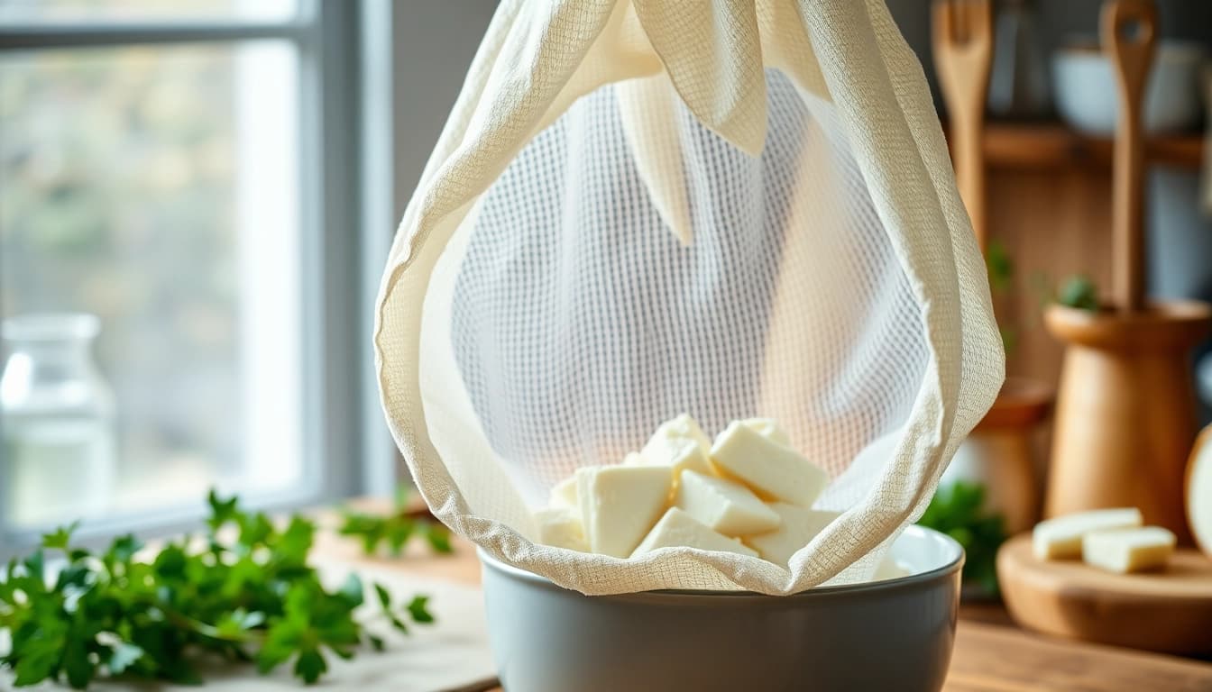 Kaasdoek in use to strain fresh cheese with rustic kitchen elements in the background.