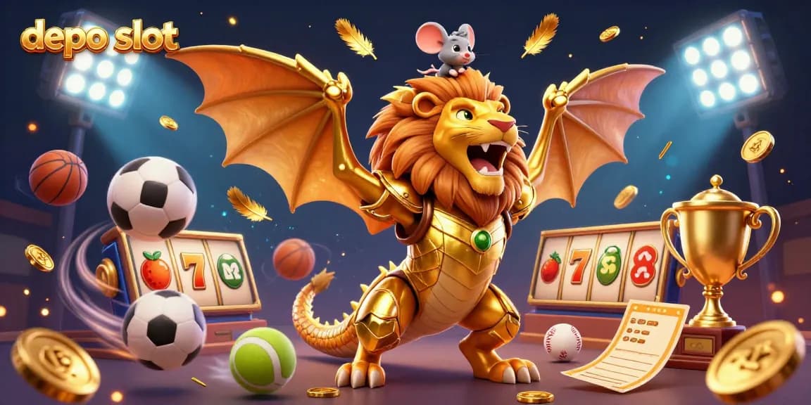 Experience the thrill of depo slot with a roaring chimera in golden armor, surrounded by dynamic elements and glowing coins.
