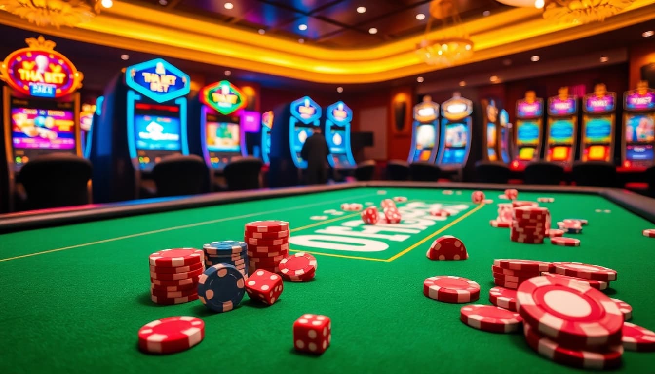 THA BET gaming table with colorful poker chips and dice in a luxurious casino setting.