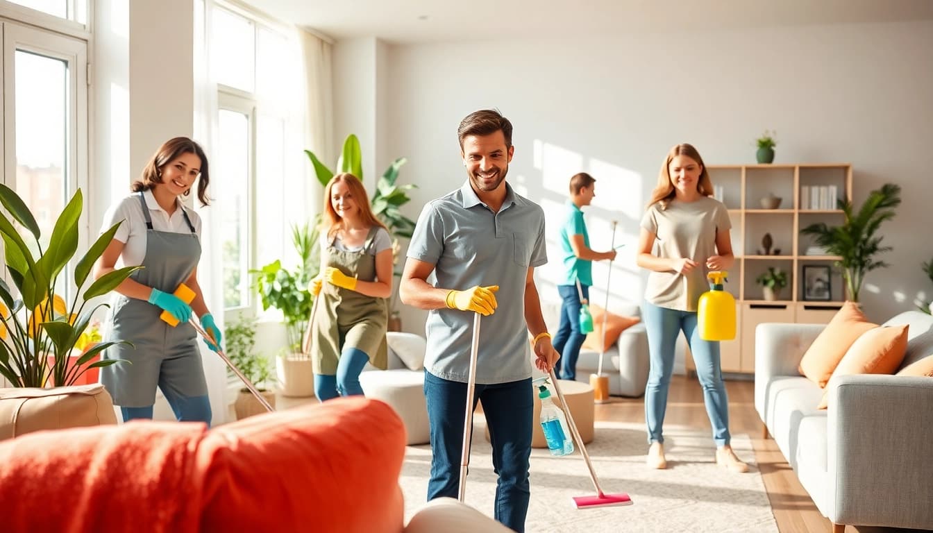Cleaning Service team efficiently cleaning a modern home environment with professional tools.
