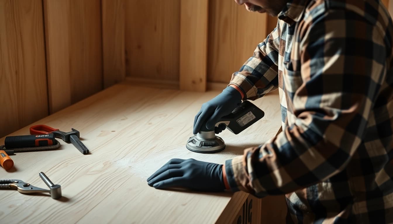 Operario utilizando lija 3M en superficies de madera, resaltando la calidad del acabado.