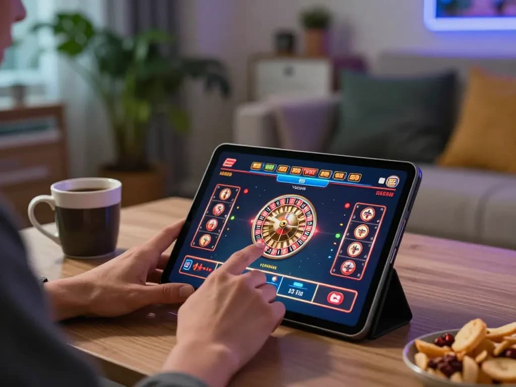 Engaging online gaming session on dabet with digital roulette and slots displayed on tablet in a cozy home setting.