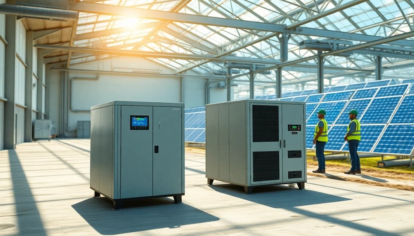 Commercial storage solution featuring modern battery cabinets and solar integration in an industrial setting