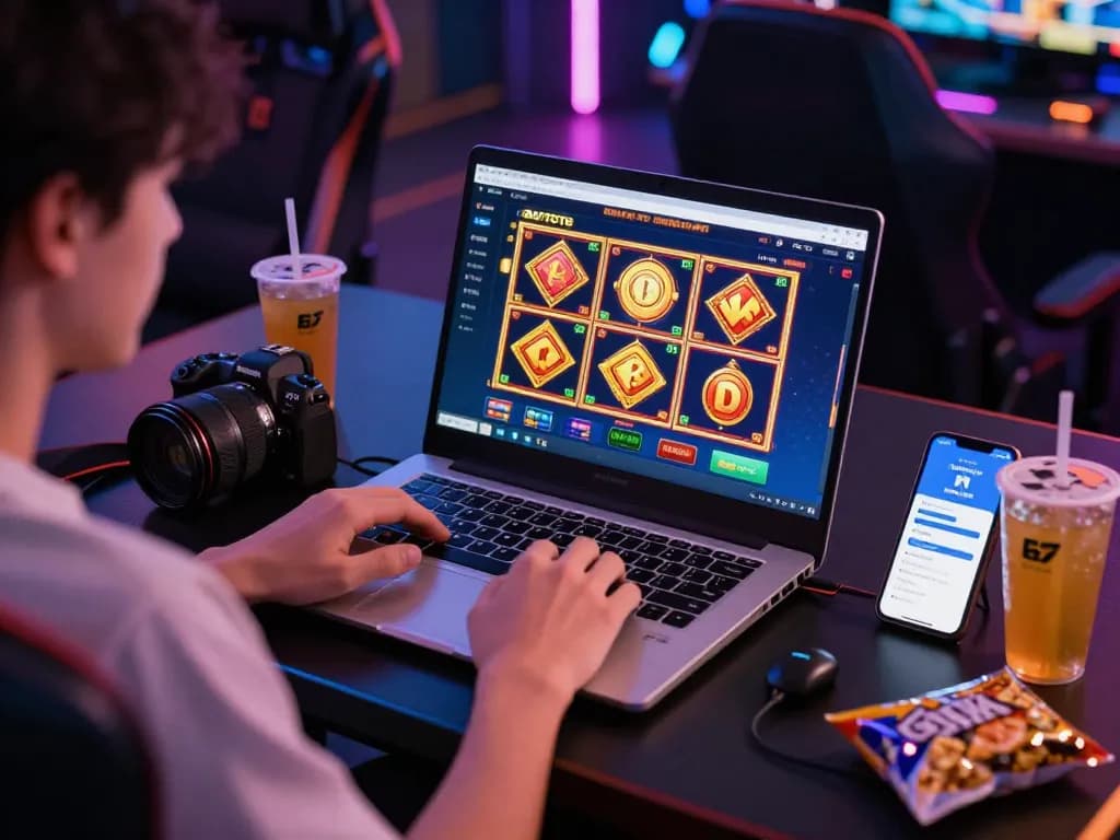 Engaged player using BAYITOTO for an immersive 4D slot gaming experience with vibrant visuals.
