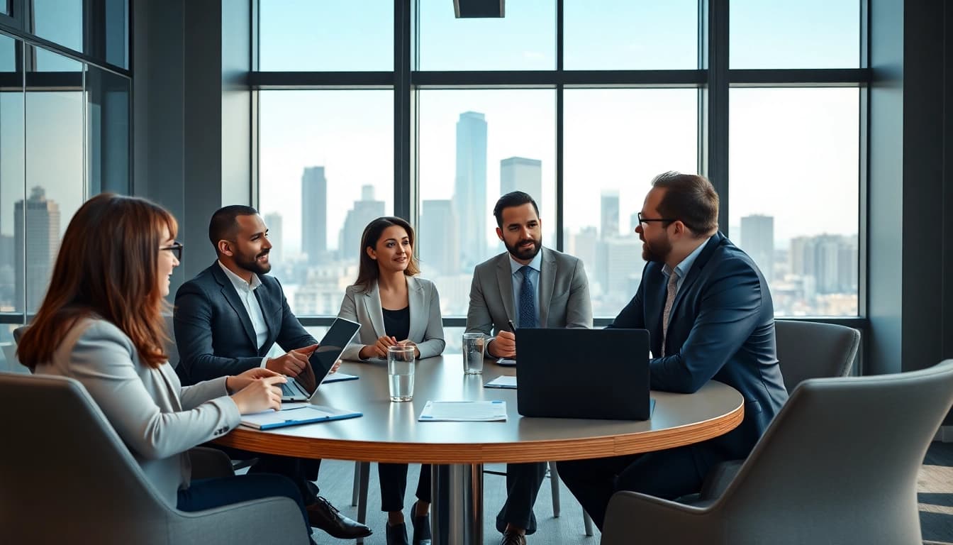 Leaders engaging in Leadership Communication during a strategic meeting in a bright, modern office.