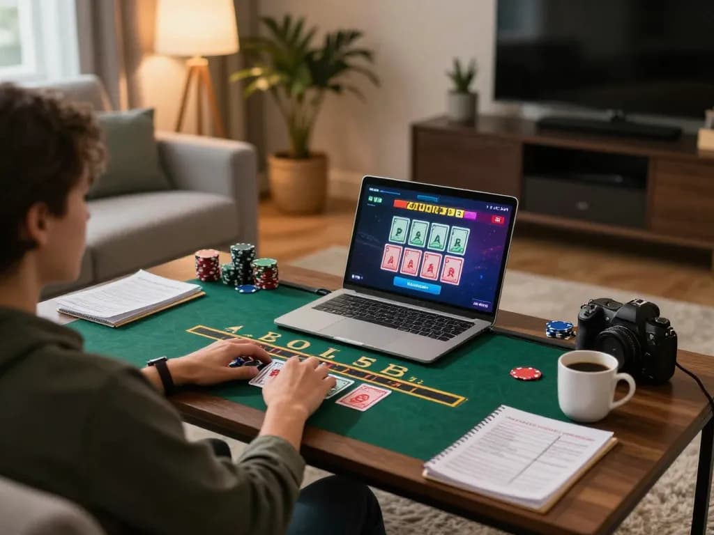 Player engaging in qq88 online blackjack at home with cozy setup and warm lighting