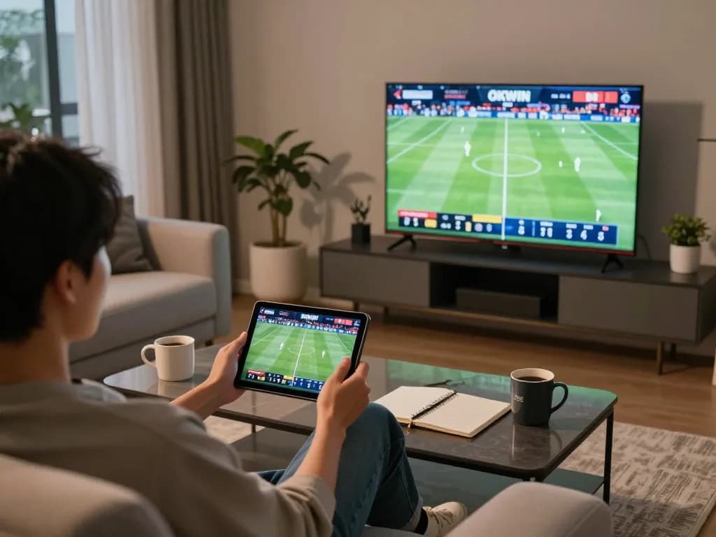 Engaging with OKWIN TV livestream on a tablet in a cozy home setting, blending sports excitement with comfort