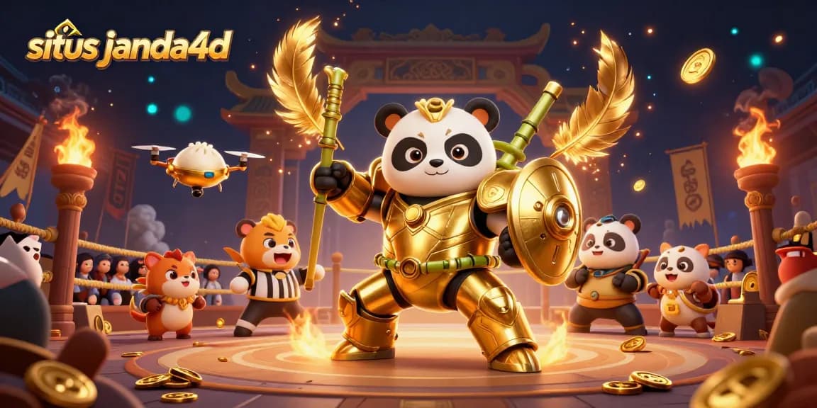 situs janda4d menampilkan panda emas bertemakan pertarungan dalam arena dengan banyak penonton hewan.