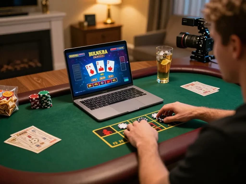 Player experiencing Nhà cái TIP88 live dealer game on laptop in a cozy home setting.