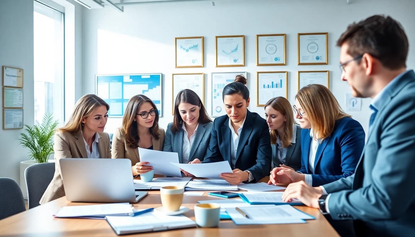 Visualize grants and pre-post award compliance as consultants discuss strategies in a modern office.