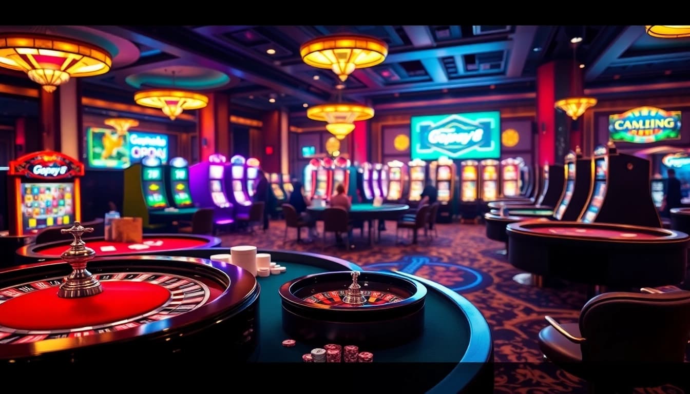 Experience the thrill of gambling with a vibrant Gopay88 Daftar casino scene featuring tables and players.
