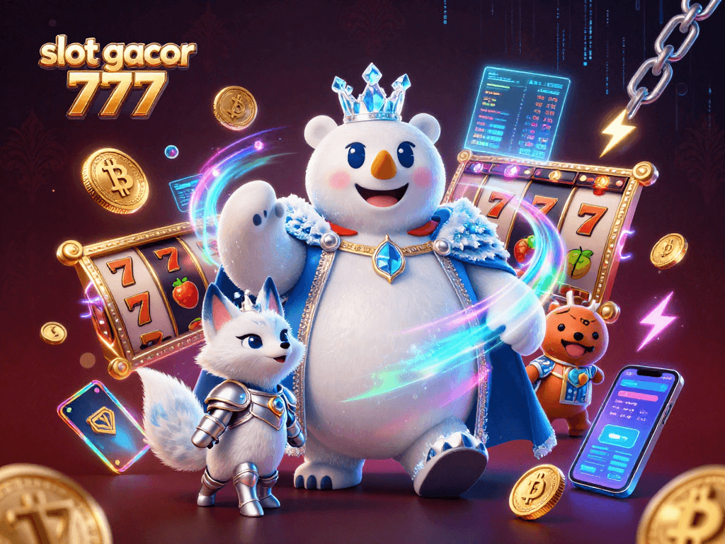 Experience exhilarating wins with slot gacor 777, featuring a vivid polar bear king surrounded by slot symbols and cryptocurrency elements.
