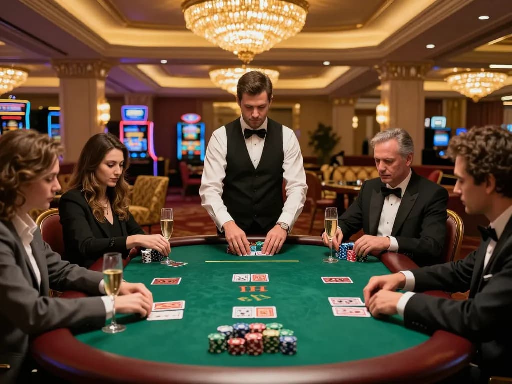 Poker action at a VIP table featuring players engrossed in the game with VIPWIN cards and chips in view.