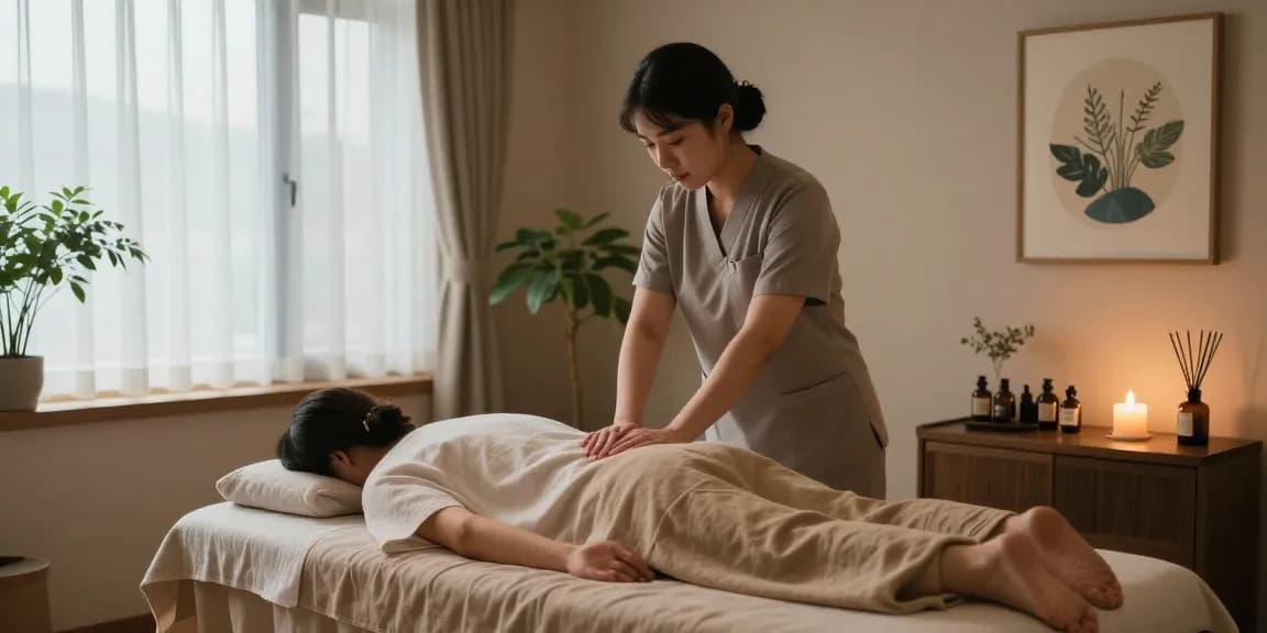 부산스웨디시 마사지 공간에서의 편안한 마사지 장면, 아로마 오일 준비 중인 관리사와 릴렉스한 분위기