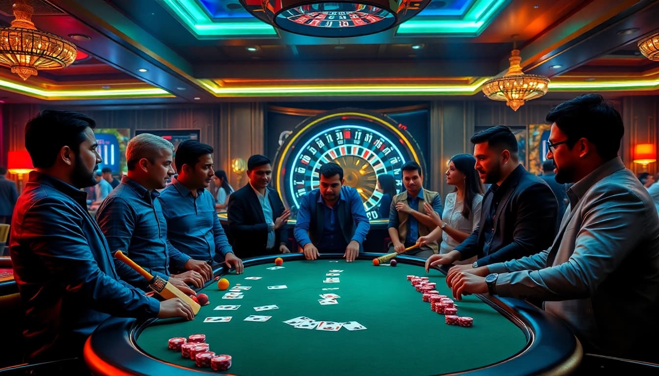Crickex betting action at a vibrant poker table with cricket-themed decor.