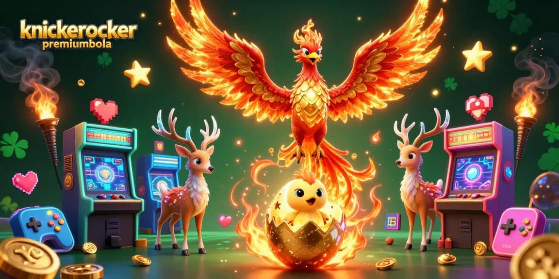 Play exciting games at knickerlocker premiumbola with vibrant casino-themed characters and arcade machines.