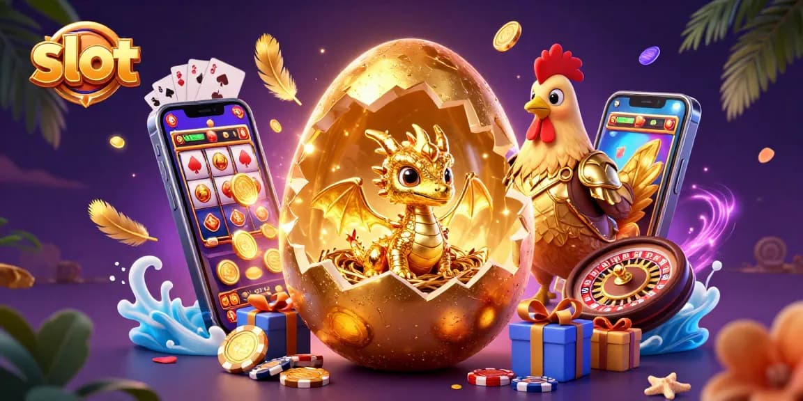 Putar slot sambil melihat telur emas raksasa yang pecah, menampilkan naga kristal bersinar di atas chip poker