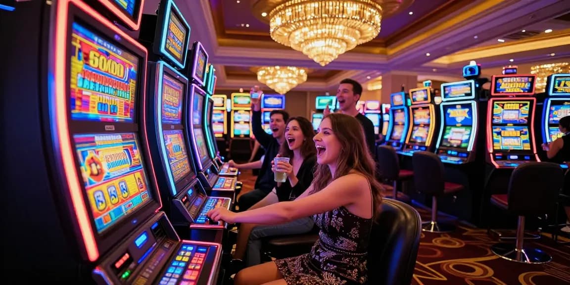 Excited player at slot 5000 machine in vibrant casino atmosphere