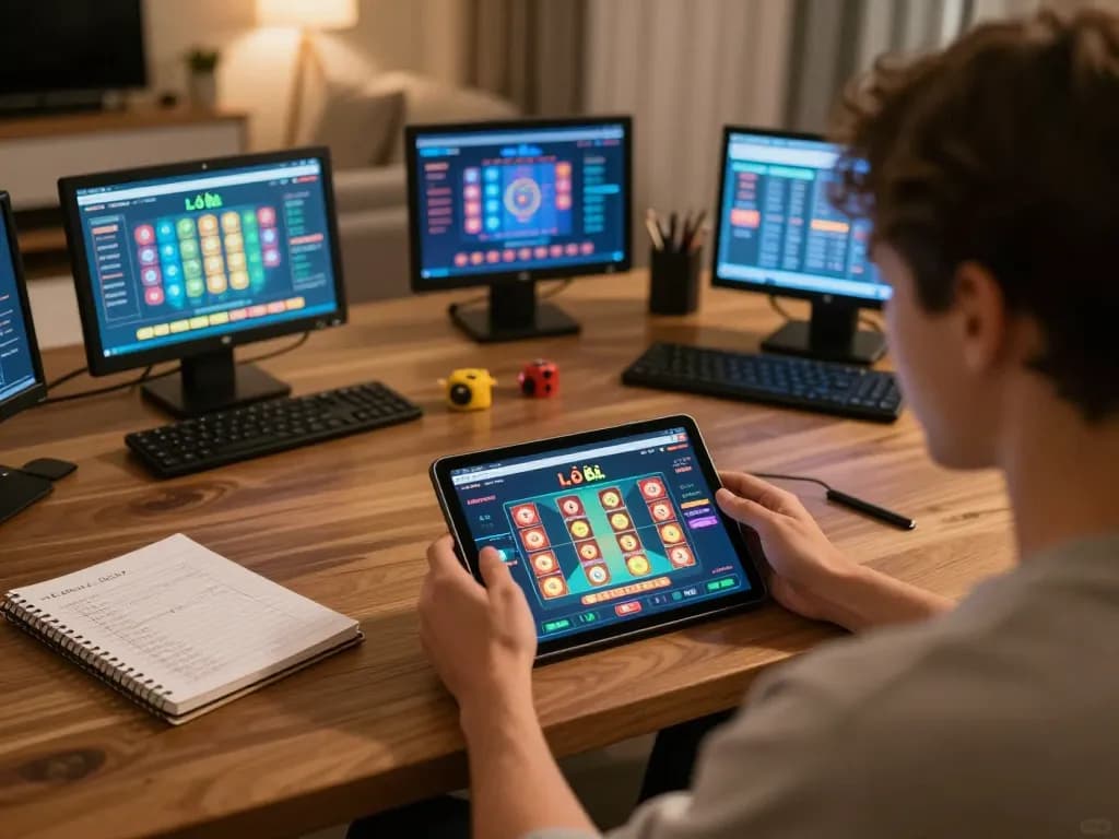 Lô đề online gaming session featuring a player using a tablet in a cozy home setup, showcasing the engaging platform for betting