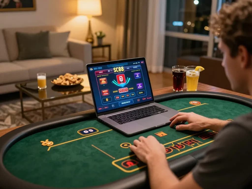 Engaging with SC88 online casino gaming on a laptop in a stylish home office, showcasing comfort and strategy.