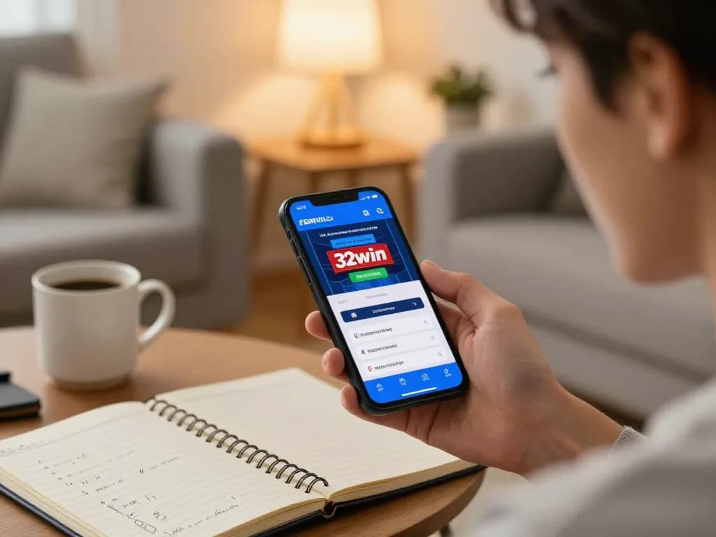 Player strategizing on the 32win mobile app in a cozy home setup, engaging in responsible gaming.