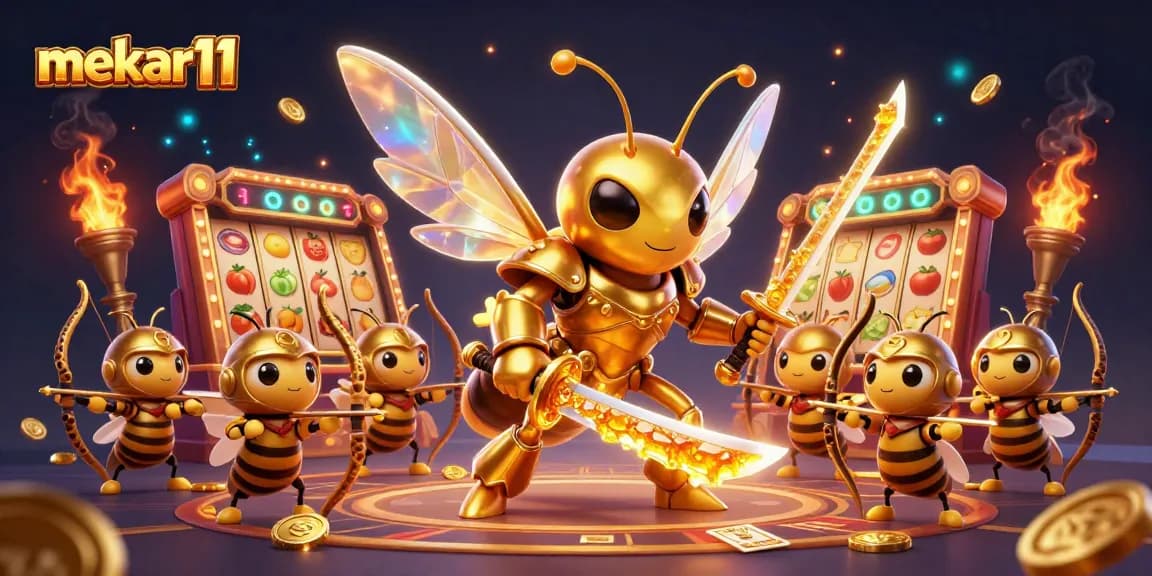 Mekar11 slots experience featuring dynamic 3D illustration of a golden hornet and bee archers with slot reels and golden trophy.