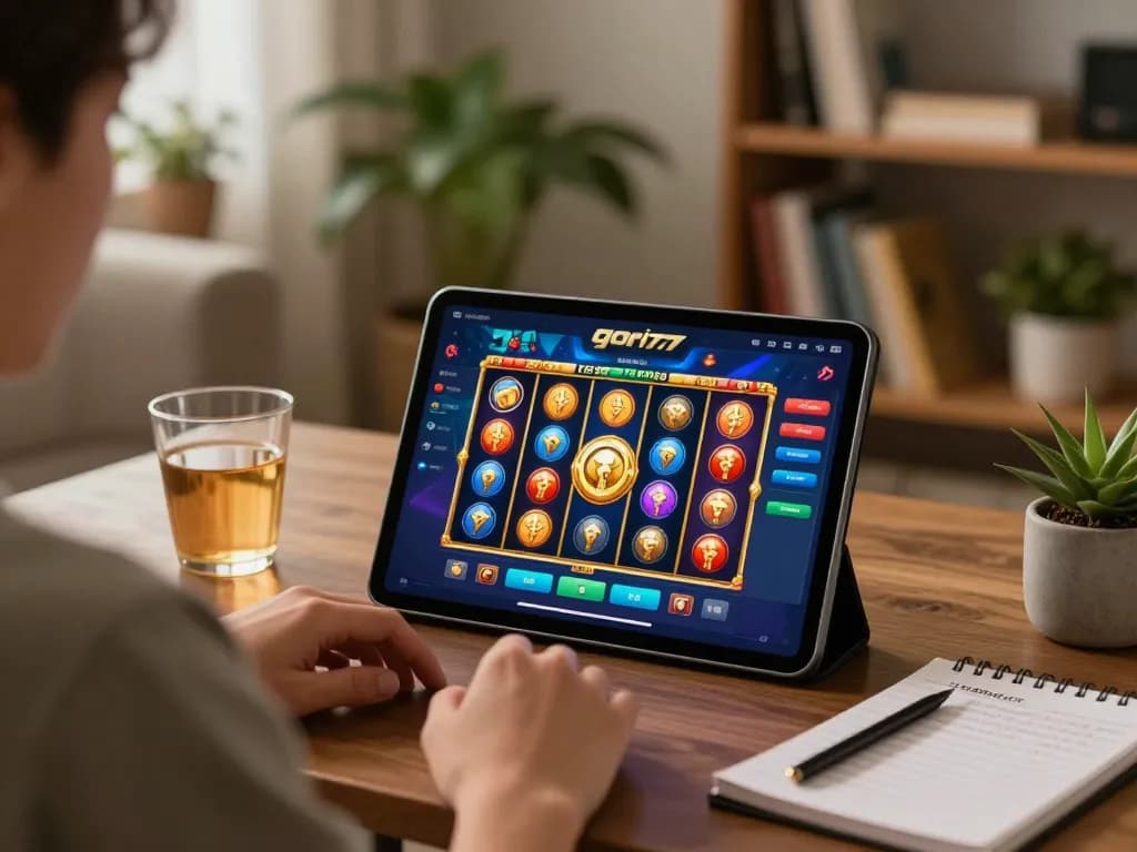 Engaging with the gori77 gaming platform at home, showcasing a vibrant online slot game.