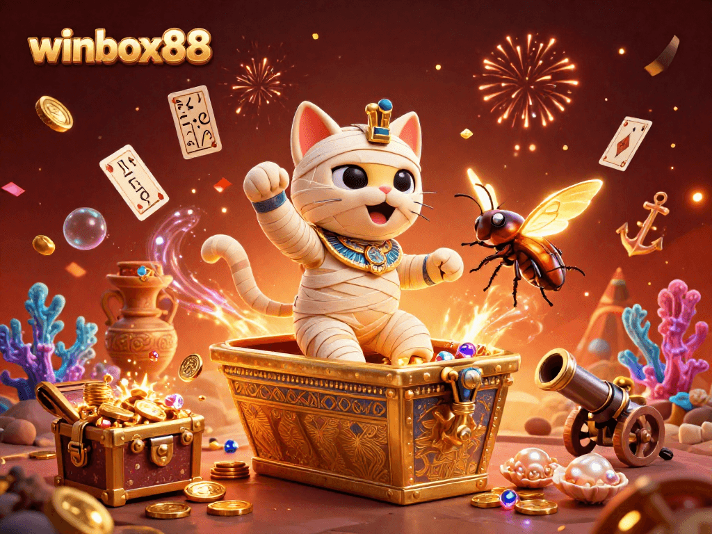 Experience the thrill of winning at winbox88 with a vibrant 3D casino scene featuring an Egyptian mummy cat and rich game elements.