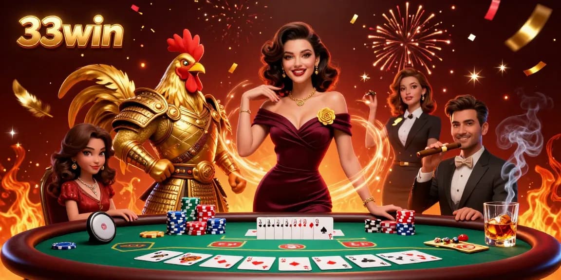 33win hosts a glamorous woman and samurai rooster warrior amidst exciting poker action and vibrant energy.