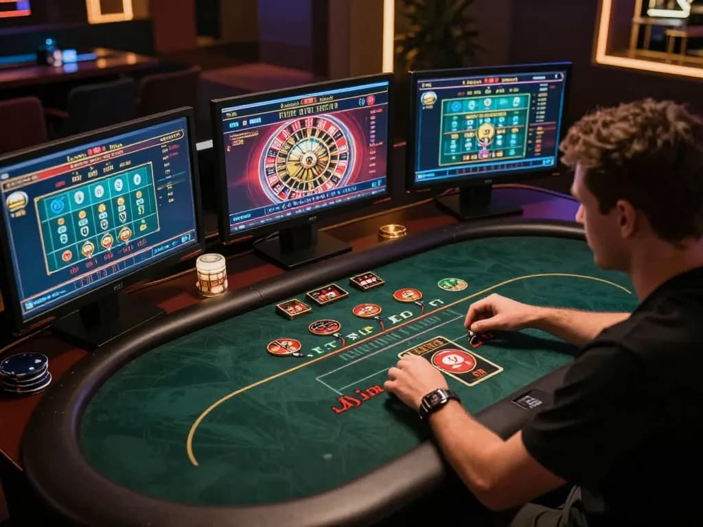 I9BET player engaging in strategic online casino gaming with multiple screens showcasing various games.