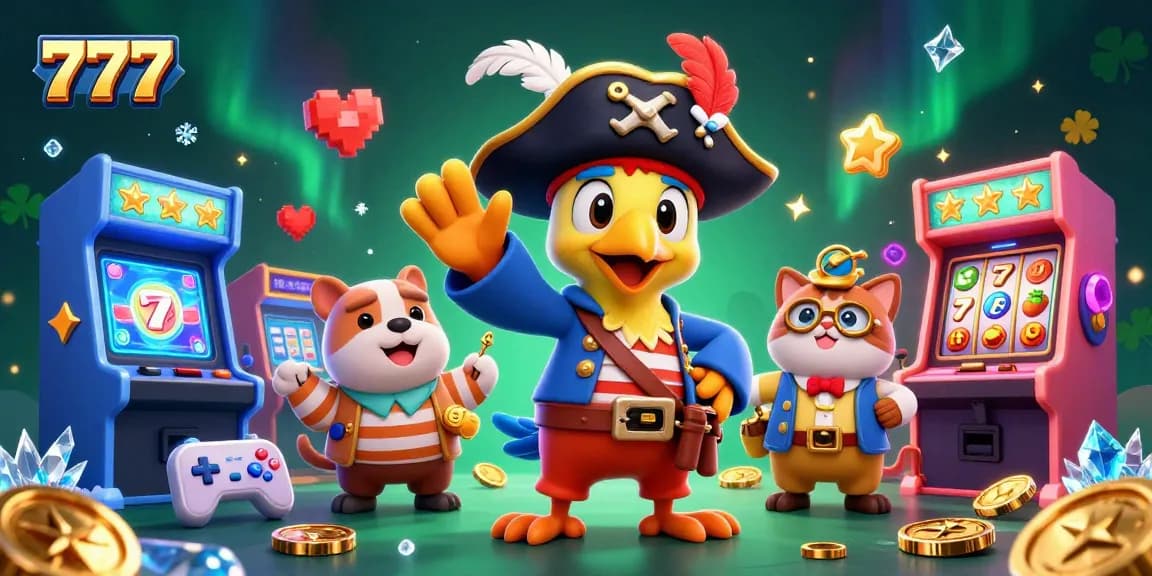 Spin to win on 777-themed jackpot slot alongside pirate characters and festive gaming elements.