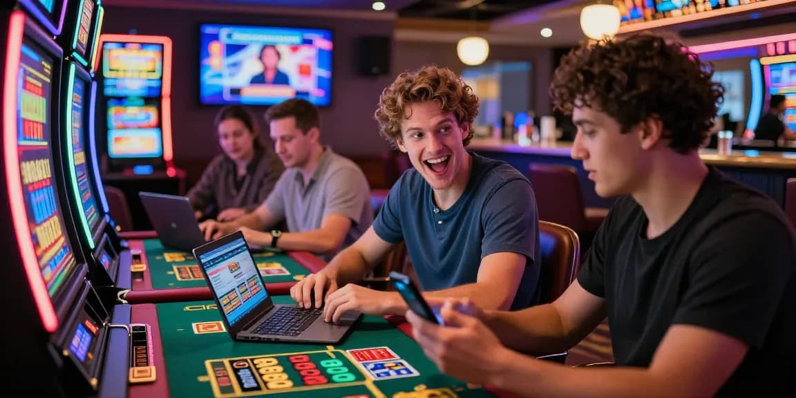 Experience the thrill at top credit card casinos with diverse players enjoying games, laptops, and slots in a vibrant online casino.