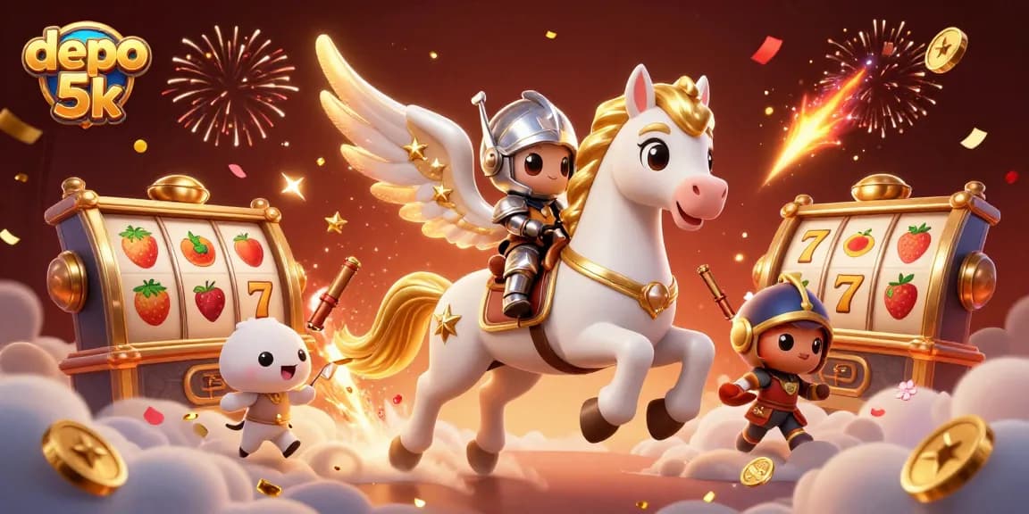 Spin to win with depo 5k on slots, featuring festive fireworks and vibrant casino elements.