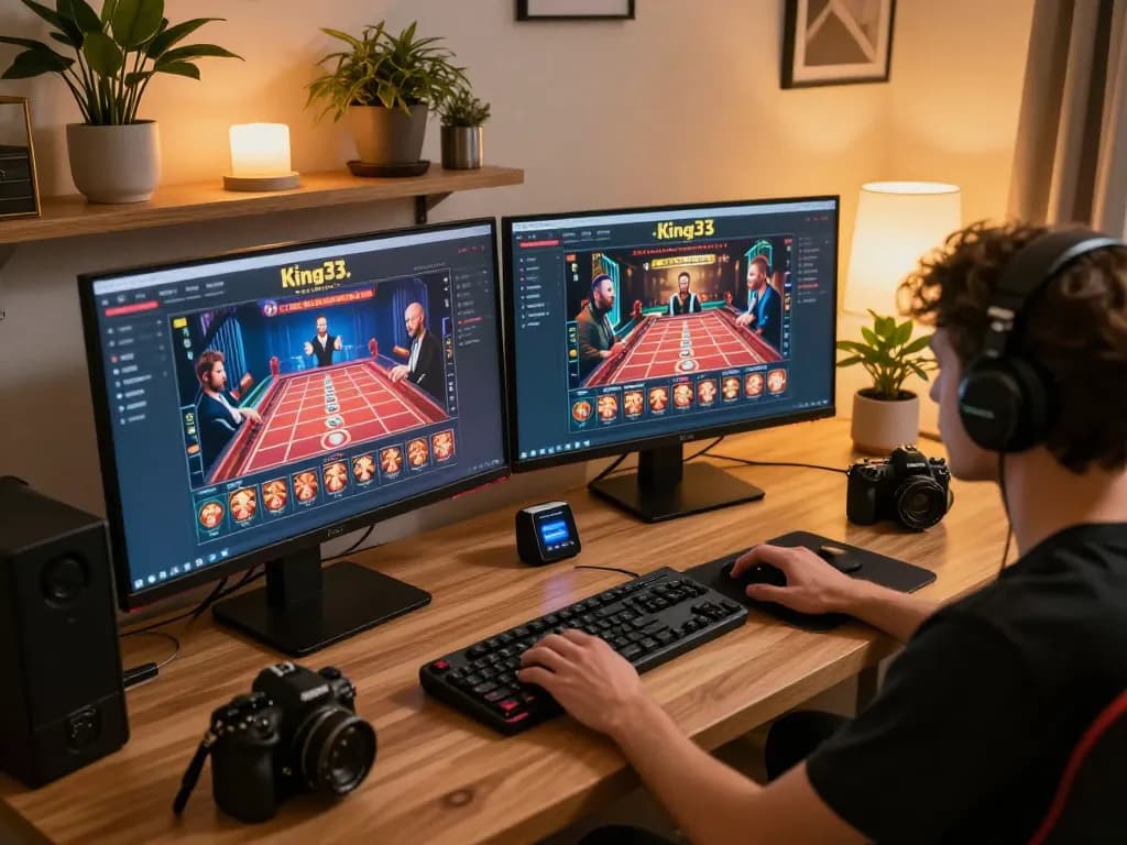 Player immersed in King33 online casino gaming, analyzing strategies and enjoying a cozy setup.