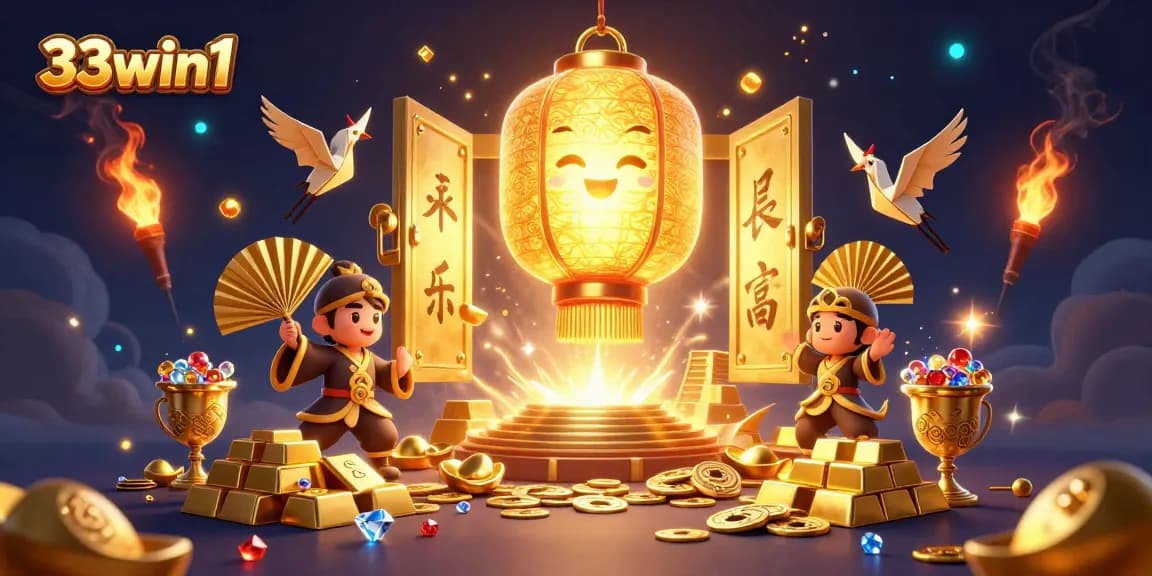 Win big with 33win1 at the vibrant night market casino, featuring golden lanterns and treasures.