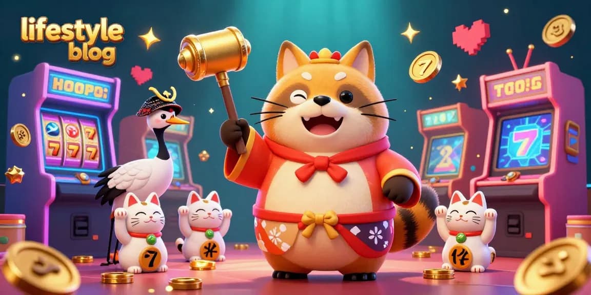 This vibrant lifestyle blog illustration showcases casino elements with a cheerful tanuki, inspiring engaging gaming experiences.