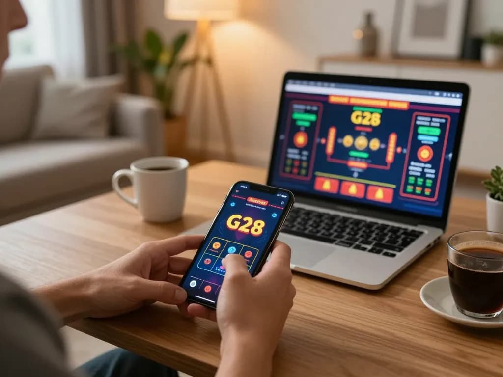 Player exploring the G28 gambling app on a smartphone in a cozy home setting, dynamic online gaming.