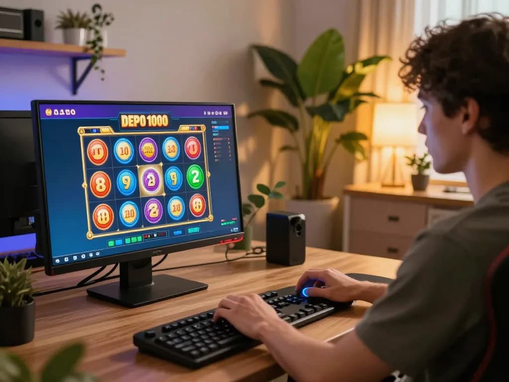 Engage with slot depo 1000 gameplay illustrated by a person excitedly spinning reels on a modern device.